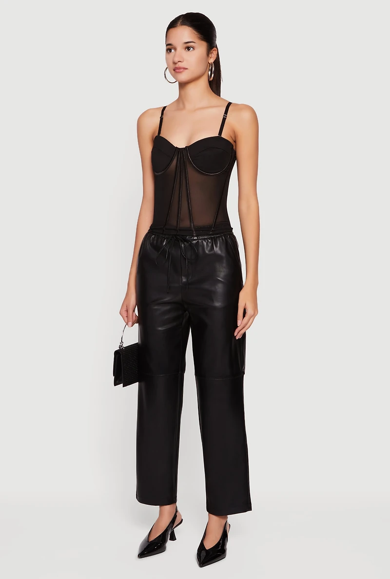 Womens Convertible To Strapless Boning Detail Mesh Bustier Top, Black,