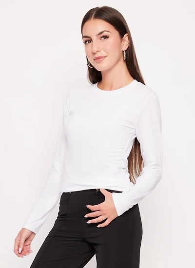 Womens Solid Crew Neck Long Sleeve Tee, White, Size M
