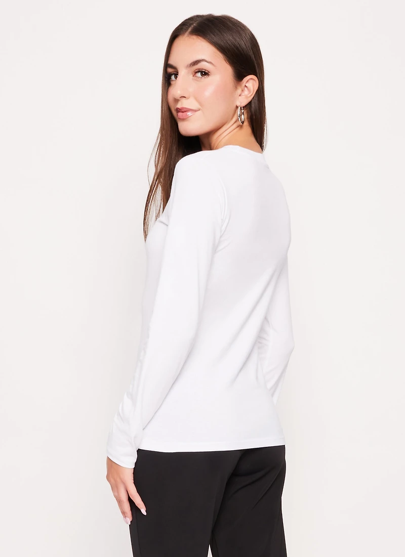 Womens Solid Crew Neck Long Sleeve Tee, White, Size M