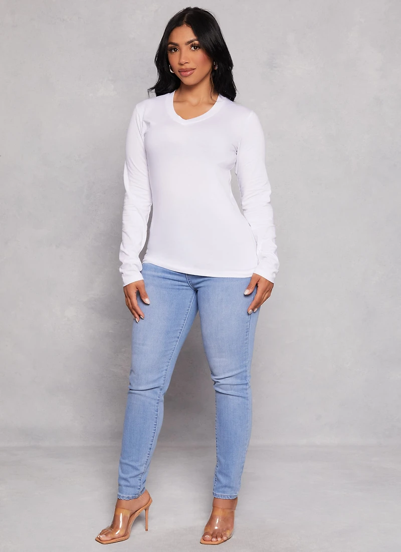 Womens Basic V Neck Long Sleeve Tee, White, Size S