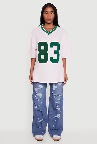 Womens Los Angeles 83 Chenille Patch Graphic Oversized Tee, Pink, Size XL