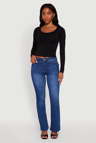 Womens Doubled Long Sleeve Seamless Scoop Neck Top, Black, Size S-M