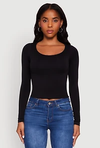 Womens Doubled Long Sleeve Seamless Scoop Neck Top, Black, Size S-M