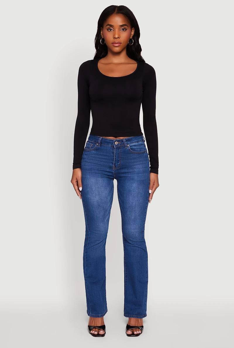 Womens Doubled Long Sleeve Seamless Scoop Neck Top, Black, Size S-M