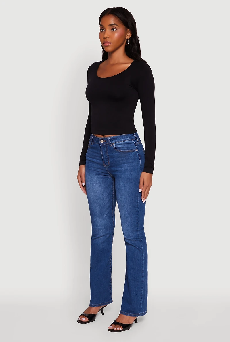 Womens Doubled Long Sleeve Seamless Scoop Neck Top, Black, Size S-M