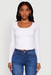 Womens Doubled Long Sleeve Seamless Scoop Neck Top, White, Size S-M