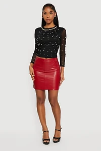 Mesh Long Sleeve Top with Faux Pearls