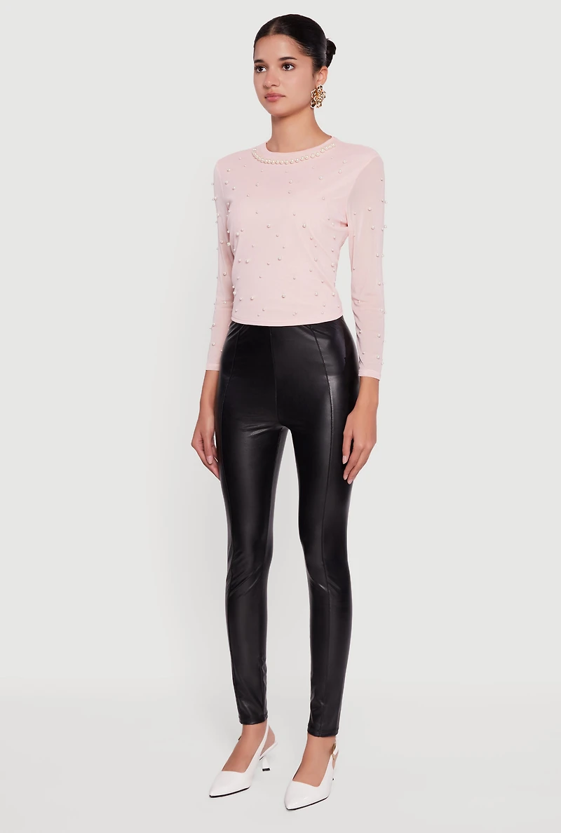 Mesh Long Sleeve Top with Faux Pearls