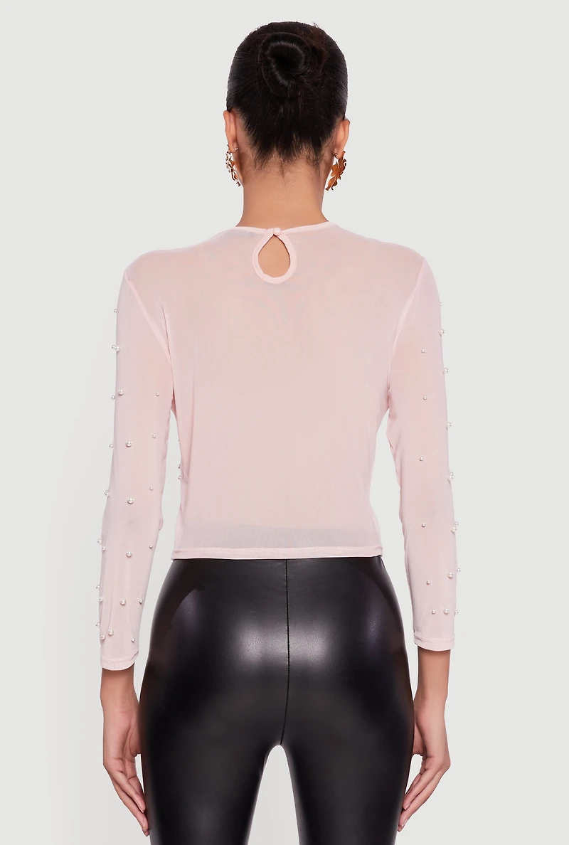Mesh Long Sleeve Top with Faux Pearls
