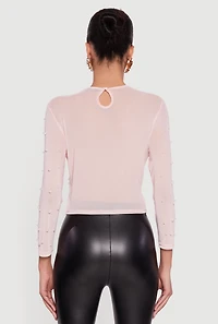 Mesh Long Sleeve Top with Faux Pearls