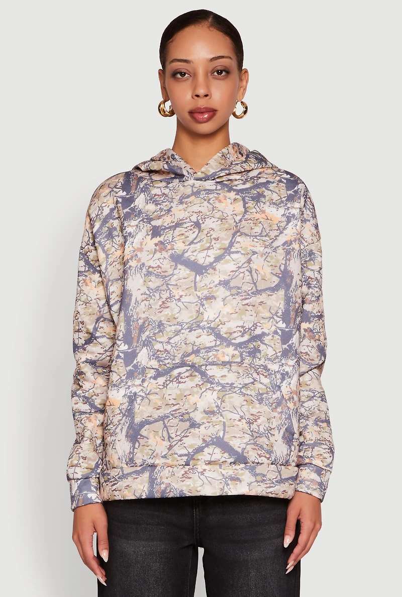 Womens Fleece Forest Camo Pullover Hoodie, Multi, Size M