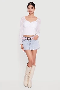 Womens Lace Long Sleeve Sweetheart Neckline Crop Top, White, Size XL