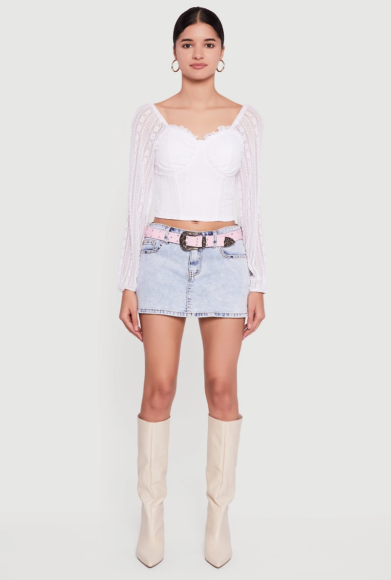 Womens Lace Long Sleeve Sweetheart Neckline Crop Top, White, Size XL