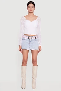 Womens Lace Long Sleeve Sweetheart Neckline Crop Top, White, Size XL