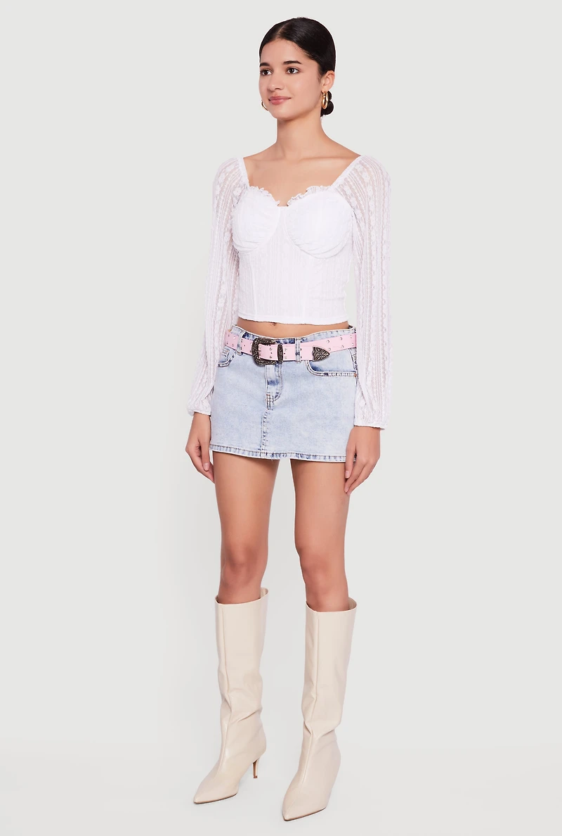 Womens Lace Long Sleeve Sweetheart Neckline Crop Top, White, Size XL