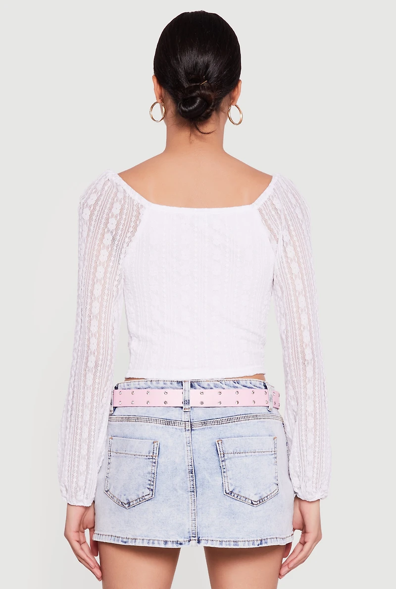 Womens Lace Long Sleeve Sweetheart Neckline Crop Top, White, Size XL