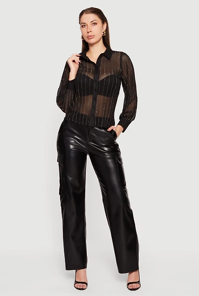 Womens Rhinestone Embellished Shadow Stripe Button Front Shirt,