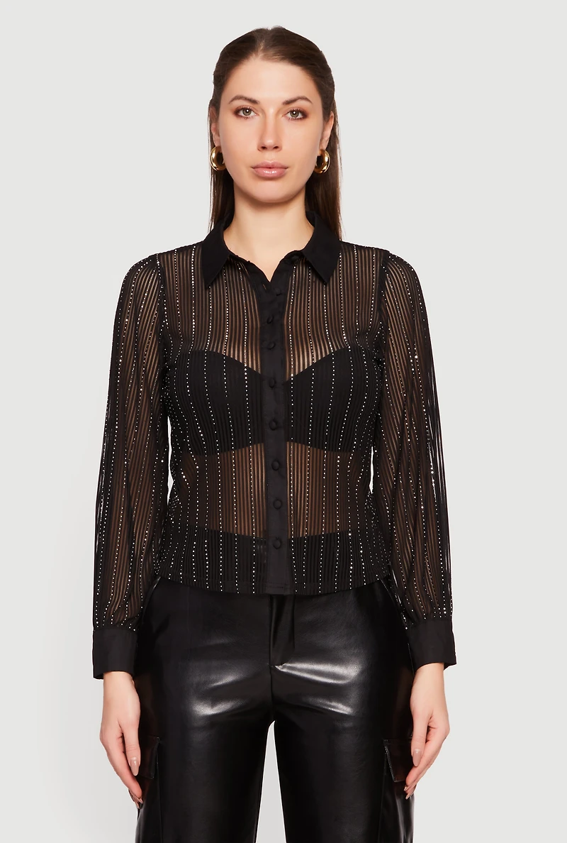 Rhinestone Embellished Shadow Stripe Button Front Shirt