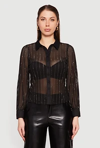 Rhinestone Embellished Shadow Stripe Button Front Shirt