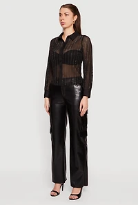 Rhinestone Embellished Shadow Stripe Button Front Shirt