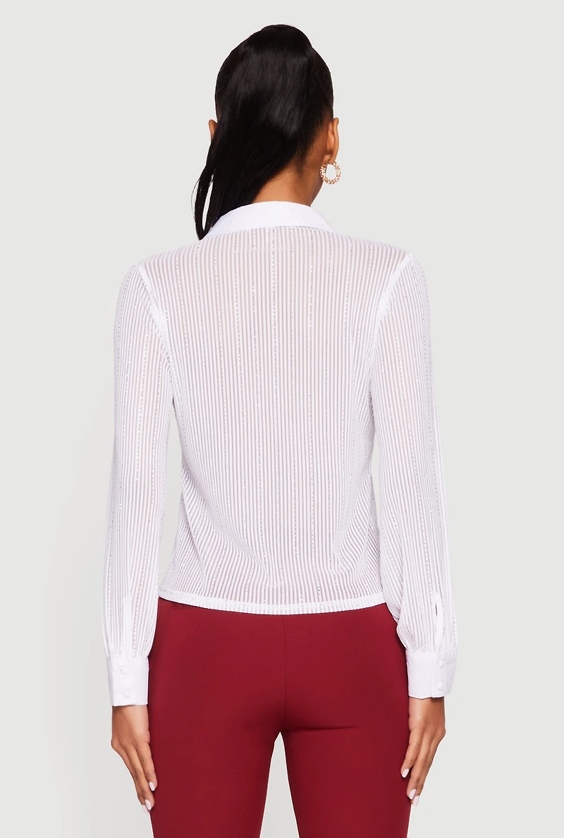 Rhinestone Embellished Shadow Stripe Button Front Shirt