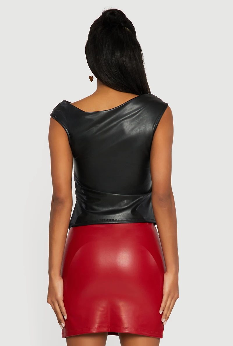Side Slit Ruched Faux Leather Boat Neck Top