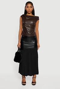 Side Slit Ruched Faux Leather Boat Neck Top
