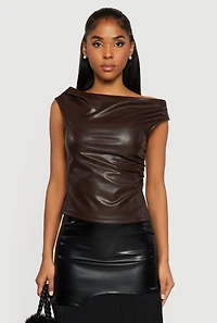 Side Slit Ruched Faux Leather Boat Neck Top