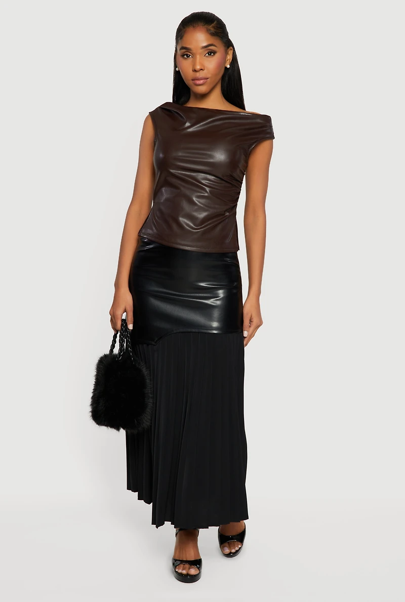 Side Slit Ruched Faux Leather Boat Neck Top