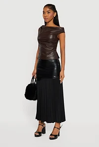 Side Slit Ruched Faux Leather Boat Neck Top