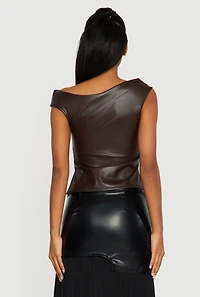 Side Slit Ruched Faux Leather Boat Neck Top