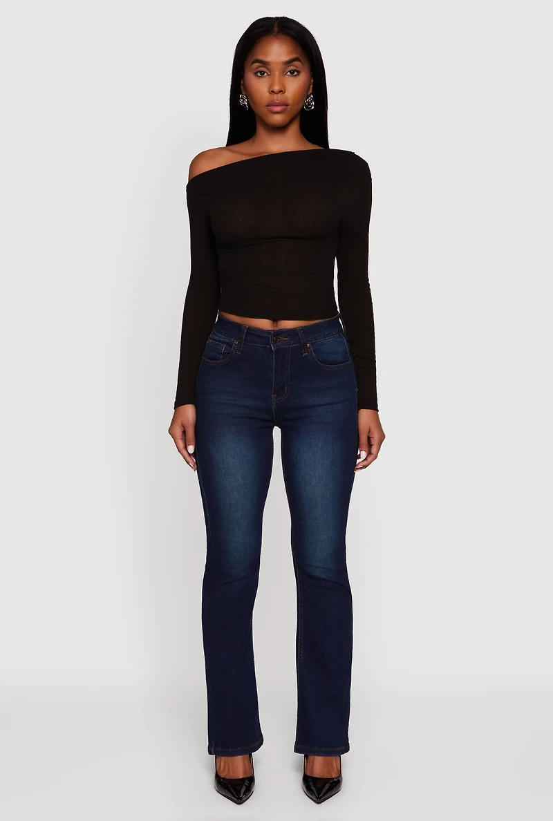 Ribbed Knit Ruched One Shoulder Crop Top