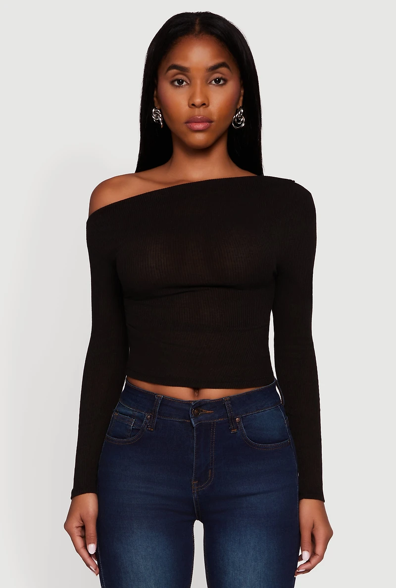 Womens Ribbed Knit Ruched One Shoulder Crop Top, Black, Size M