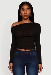 Womens Ribbed Knit Ruched One Shoulder Crop Top, Black, Size M