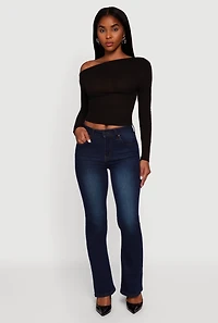 Womens Ribbed Knit Ruched One Shoulder Crop Top, Black, Size M