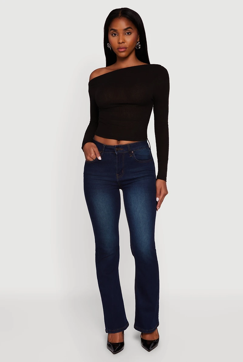 Ribbed Knit Ruched One Shoulder Crop Top