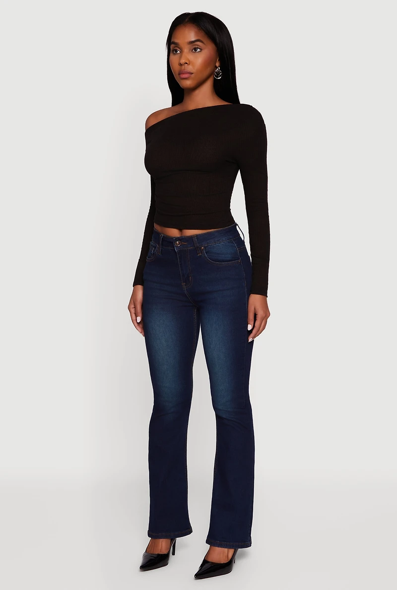 Womens Ribbed Knit Ruched One Shoulder Crop Top, Black, Size M