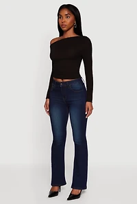 Womens Ribbed Knit Ruched One Shoulder Crop Top, Black, Size M