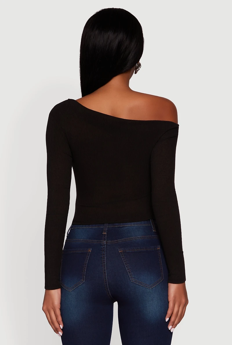 Womens Ribbed Knit Ruched One Shoulder Crop Top, Black, Size M