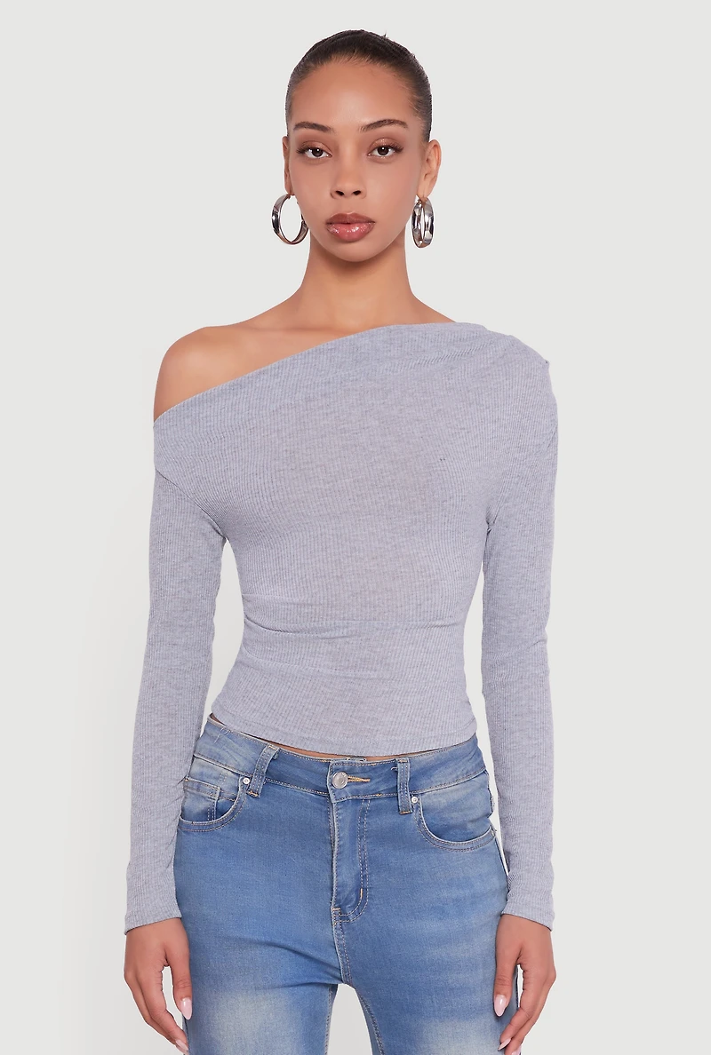 Womens Ribbed Knit Ruched One Shoulder Crop Top, Grey, Size S