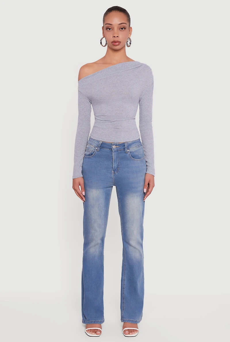 Womens Ribbed Knit Ruched One Shoulder Crop Top, Grey, Size S