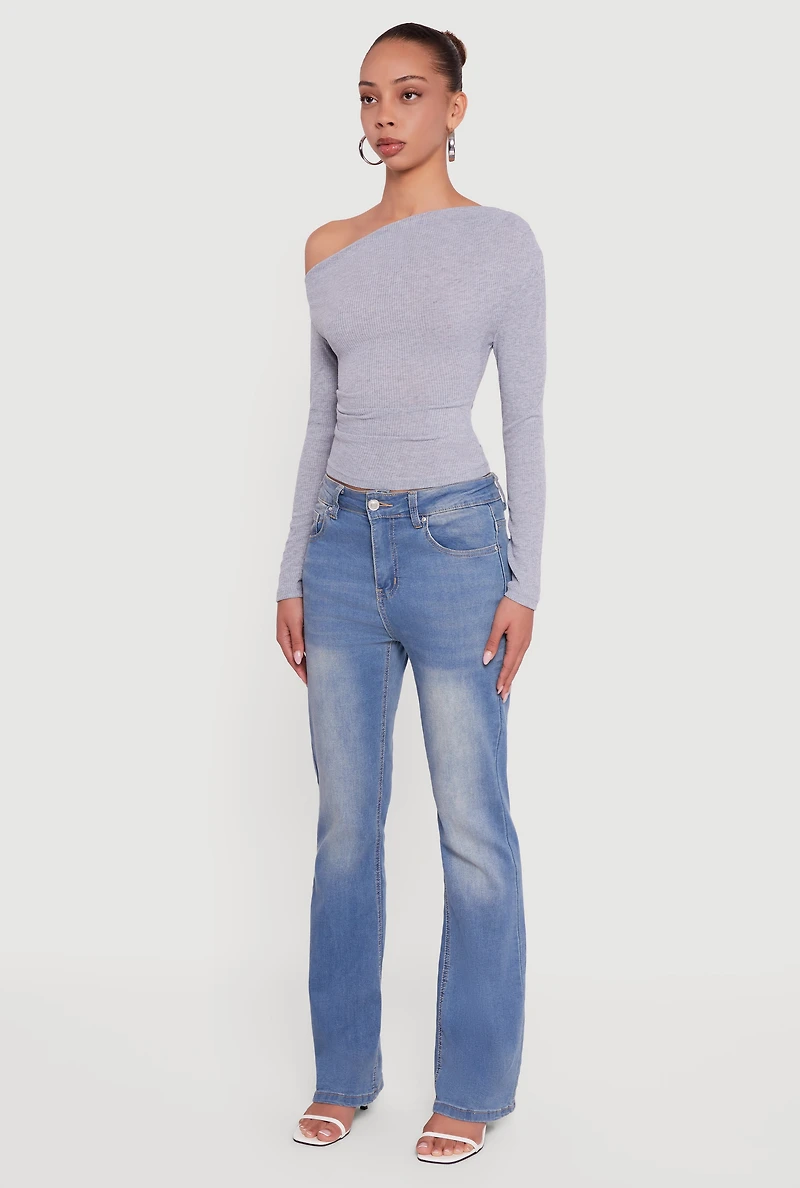 Womens Ribbed Knit Ruched One Shoulder Crop Top, Grey, Size S