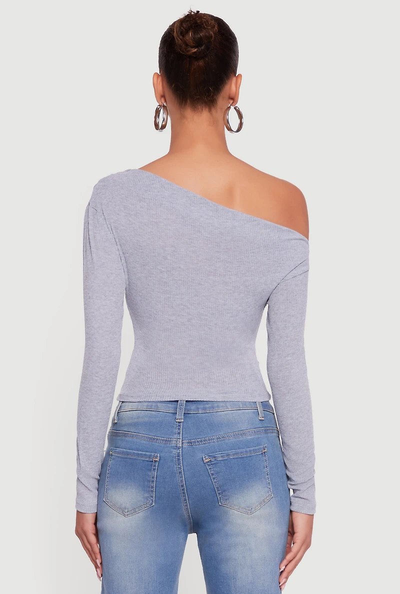 Womens Ribbed Knit Ruched One Shoulder Crop Top, Grey, Size S