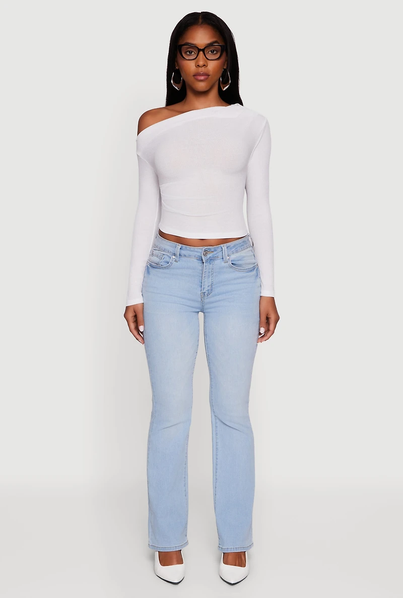 Womens Ribbed Knit Ruched One Shoulder Crop Top, White, Size S