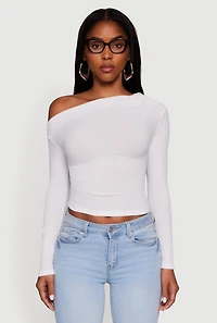 Womens Ribbed Knit Ruched One Shoulder Crop Top, White, Size S