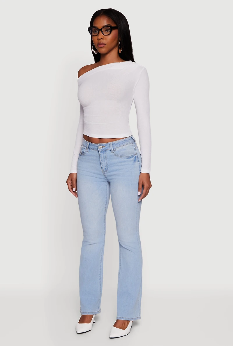 Womens Ribbed Knit Ruched One Shoulder Crop Top, White, Size S
