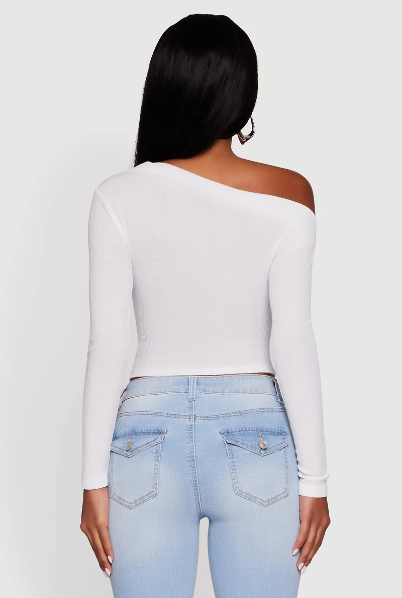 Womens Ribbed Knit Ruched One Shoulder Crop Top, White, Size S