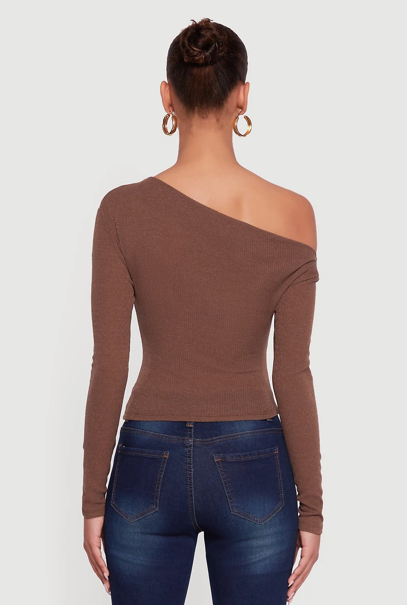 Ribbed Knit Ruched One Shoulder Crop Top