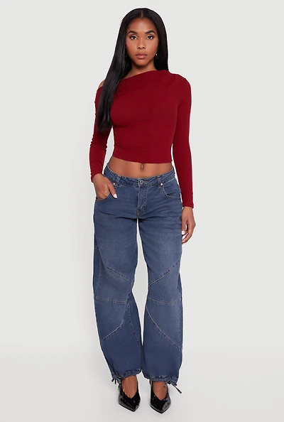 Womens Ribbed Knit Ruched One Shoulder Crop Top,