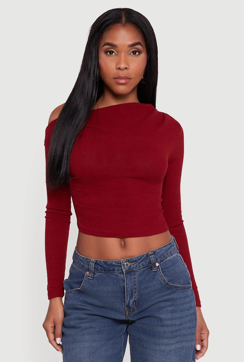 Womens Ribbed Knit Ruched One Shoulder Crop Top,